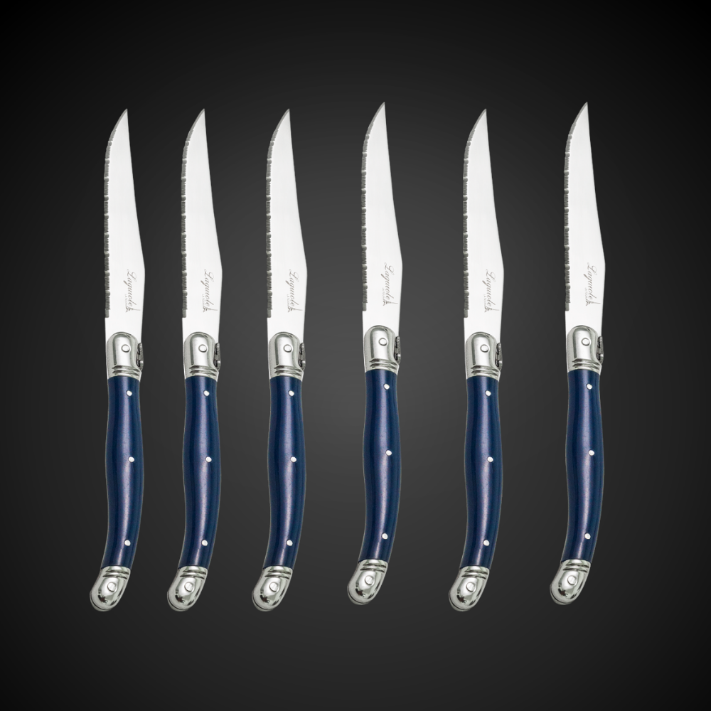 Conjunto De 6 Facas Laguiole Luxo Com Cepo De Madeira, Azul
