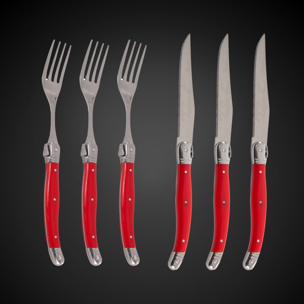Conjunto De 6 Garfos Laguiole Luxo Em Bandeja De Madeira, Vermelho