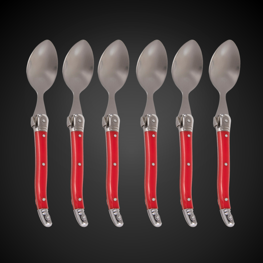 Conjunto De 6 Colheres Sobremesa Laguiole Luxo Em Bandeja De Madeira, Vermelho