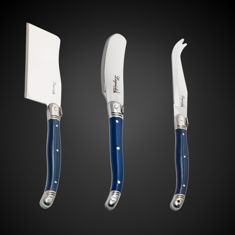 Conjunto De 3 Facas Laguiole Luxo Para Queijo Em Bandeja De Madeira, Azul