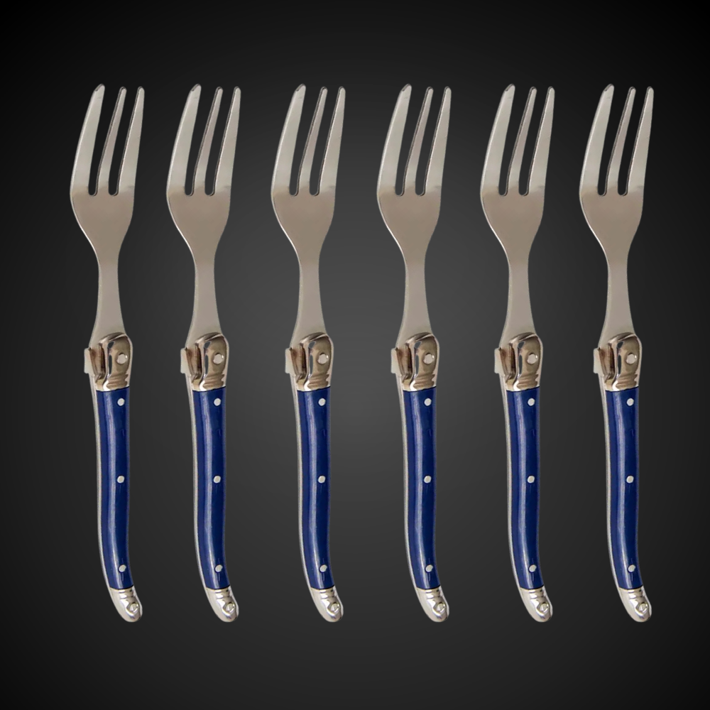Conjunto De 6 Garfos Sobremesa Laguiole Luxo Em Bandeja De Madeira, Azul