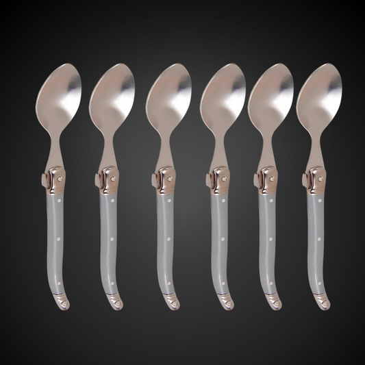 Conjunto De 6 Colheres Sobremesa Laguiole Luxo Em Bandeja De Madeira, Cinza