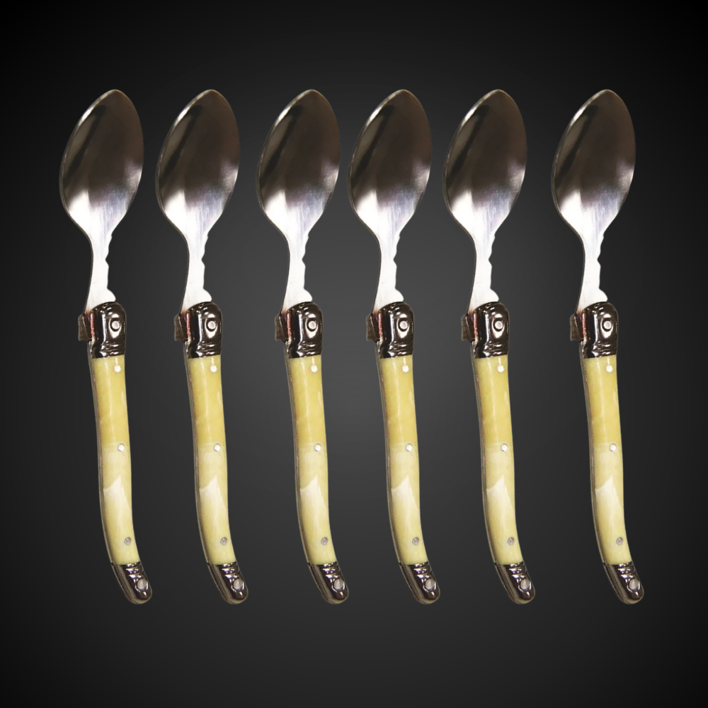 Conjunto De 6 Colheres Sobremesa Laguiole Luxo Em Bandeja De Madeira, Marfim