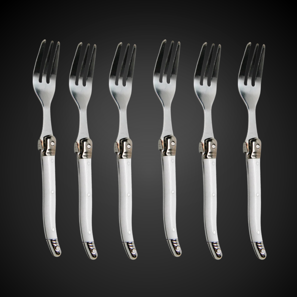 Conjunto De 6 Garfos Sobremesa Laguiole Luxo Em Bandeja De Madeira, Branco