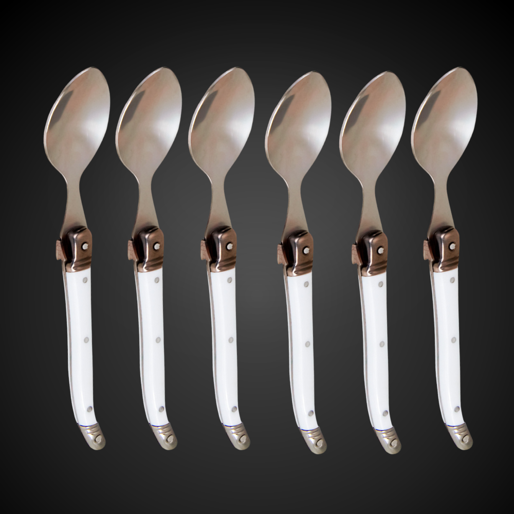 Conjunto De 6 Colheres Sobremesa Laguiole Luxo Em Bandeja De Madeira, Branco