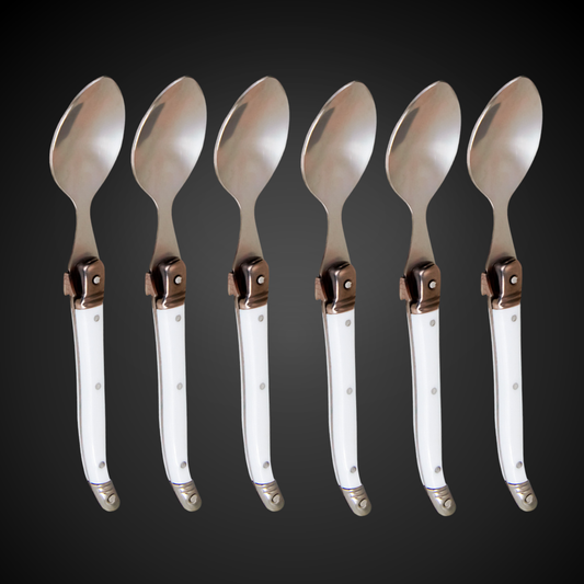 Conjunto De 6 Colheres Sobremesa Laguiole Luxo Em Bandeja De Madeira, Branco