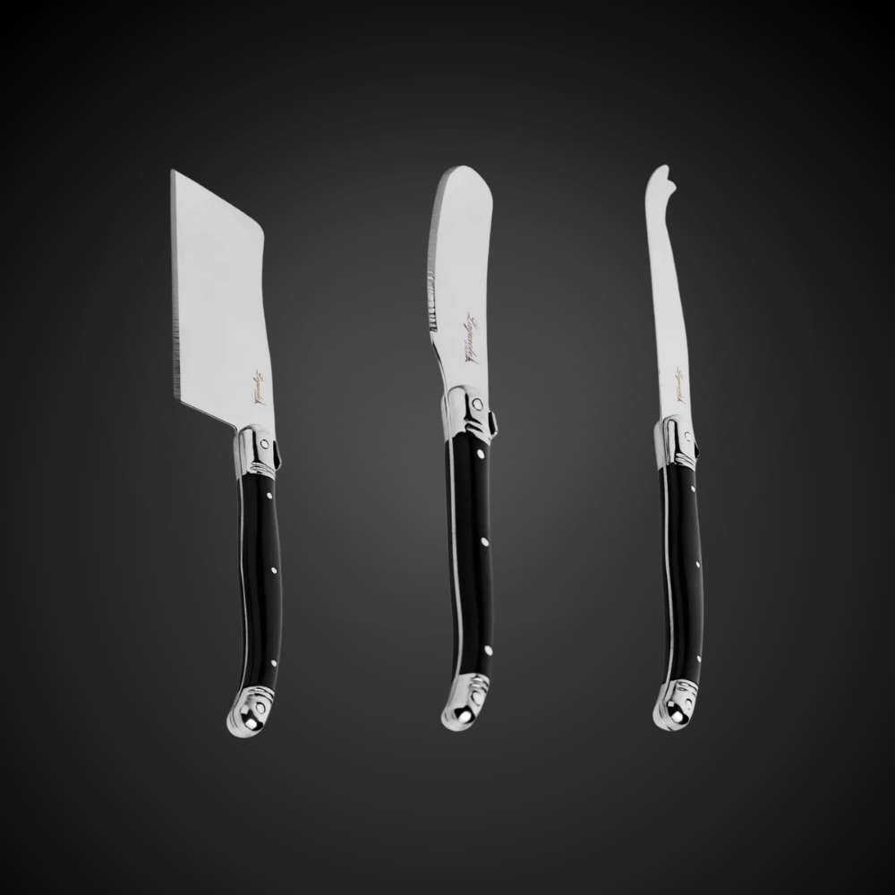 Conjunto De 3 Facas Laguiole Luxo Para Queijo Em Bandeja De Madeira, Preto