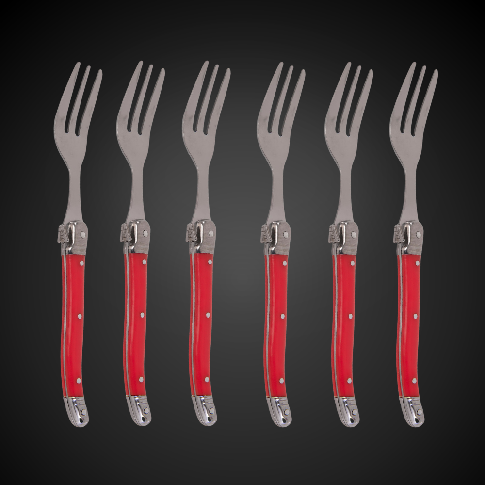 Conjunto De 6 Garfos Sobremesa Laguiole Luxo Em Bandeja De Madeira, Vermelho