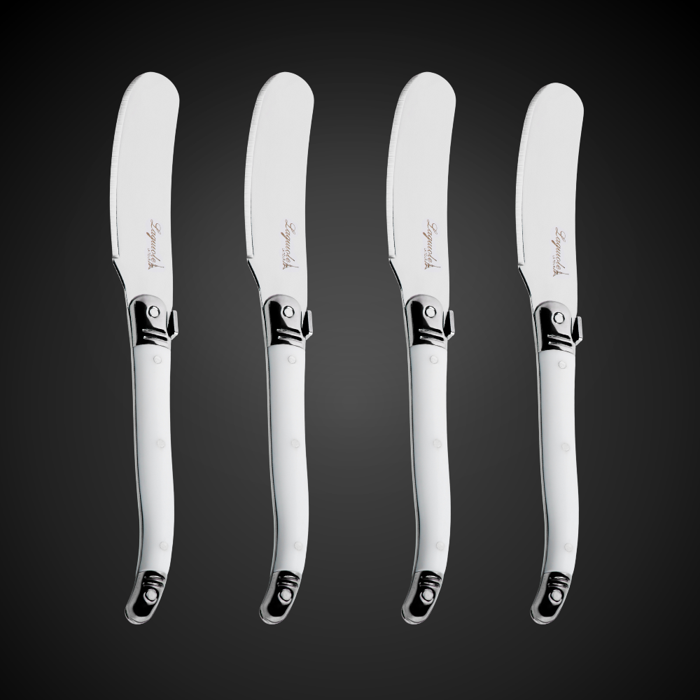 Conjunto De 4 Facas Laguiole Luxo Para Manteiga Em Bandeja De Madeira, Branco