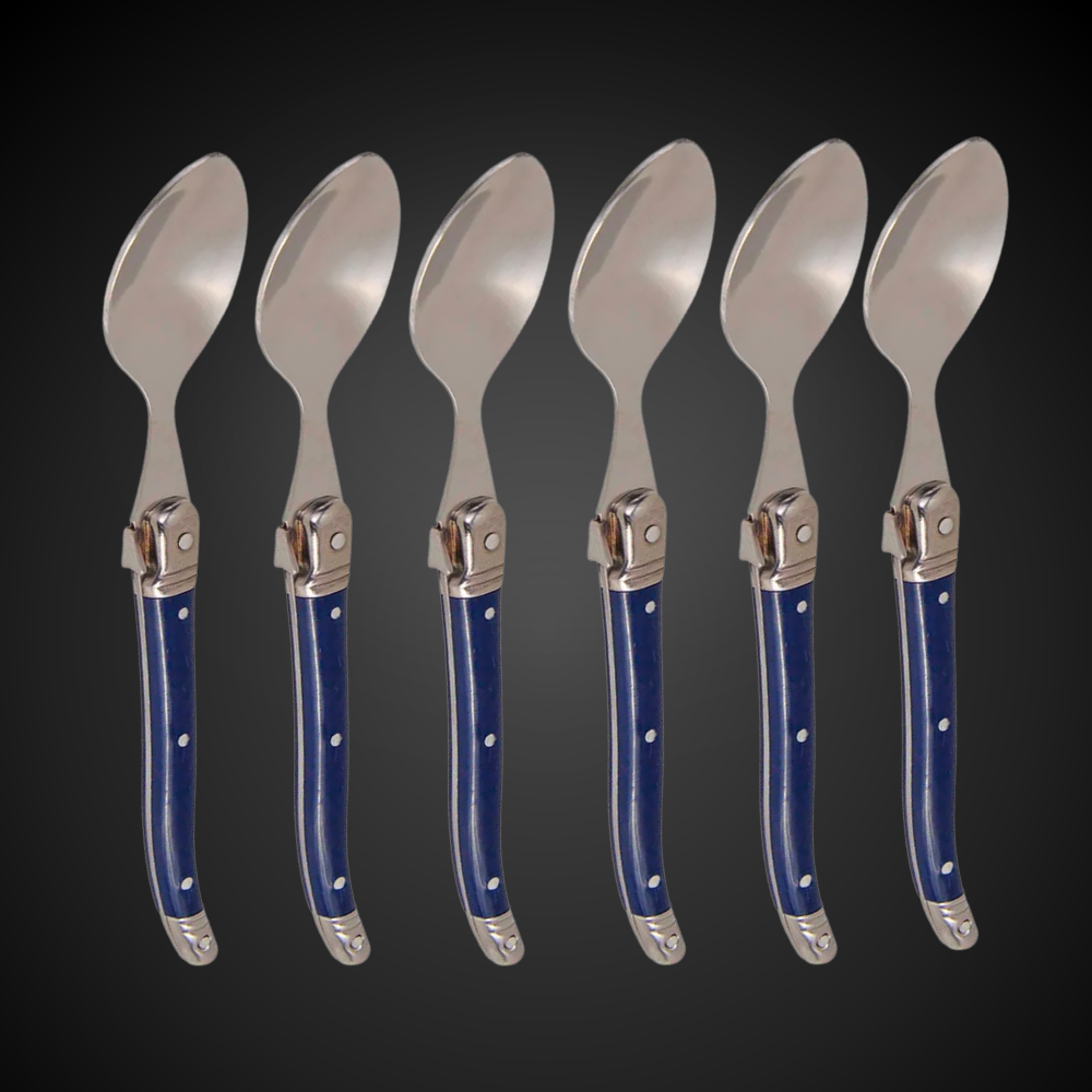 Conjunto De 6 Colheres Sobremesa Laguiole Luxo Em Bandeja De Madeira, Azul