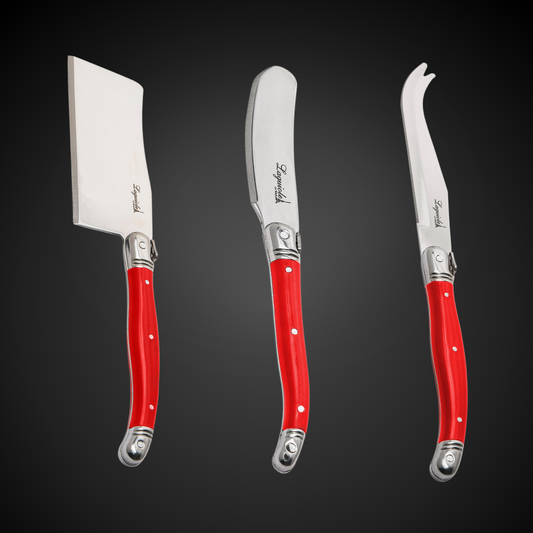 Conjunto De 3 Facas Laguiole Luxo Para Queijo Em Bandeja De Madeira, Vermelho