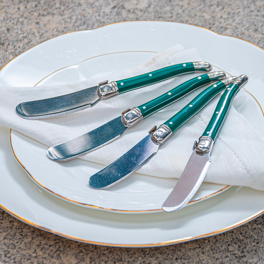Conjunto De 4 Facas Laguiole Luxo Para Manteiga Em Bandeja De Madeira, Verde