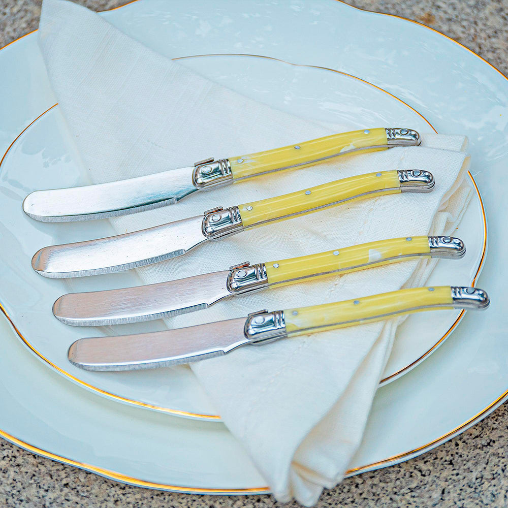 Conjunto De 4 Facas Laguiole Luxo Para Manteiga Em Bandeja De Madeira, Marfim