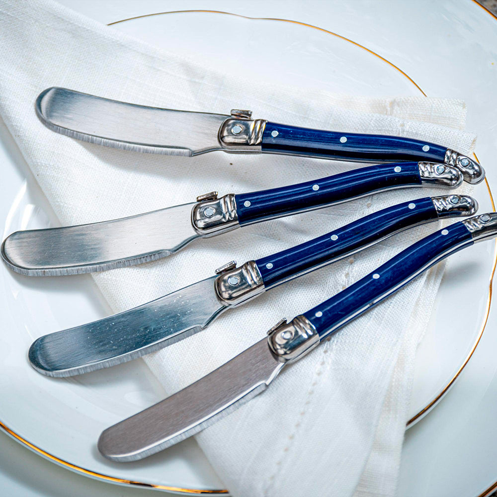 Conjunto De 4 Facas Laguiole Luxo Para Manteiga Em Bandeja De Madeira, Azul
