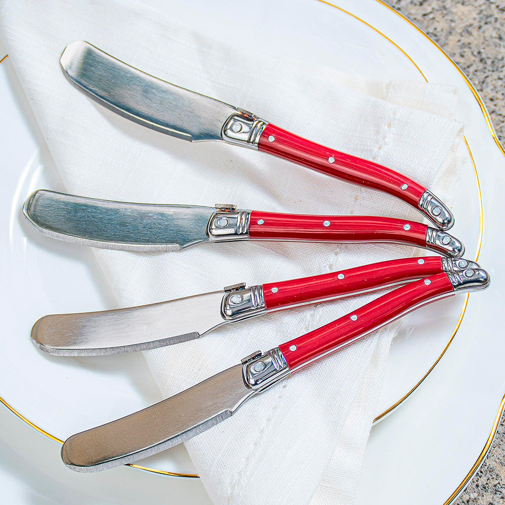 Conjunto De 4 Facas Laguiole Luxo Para Manteiga Em Bandeja De Madeira, Vermelho