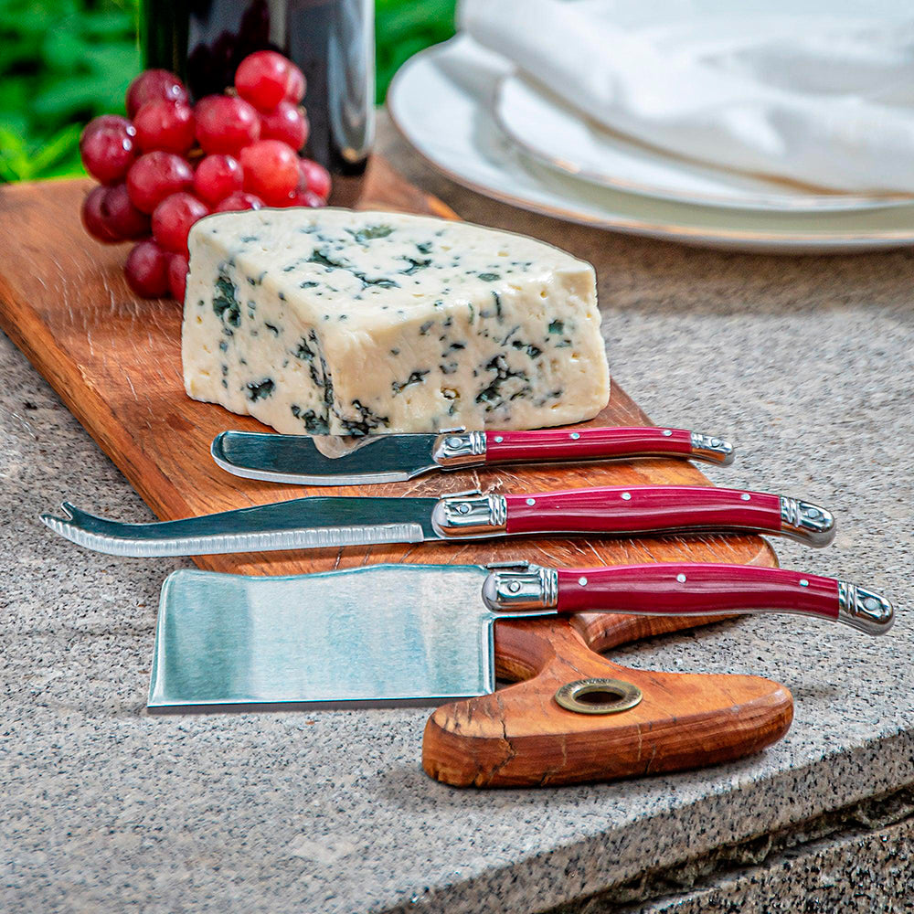 Conjunto De 3 Facas Laguiole Luxo Para Queijo Em Bandeja De Madeira, Bordeaux