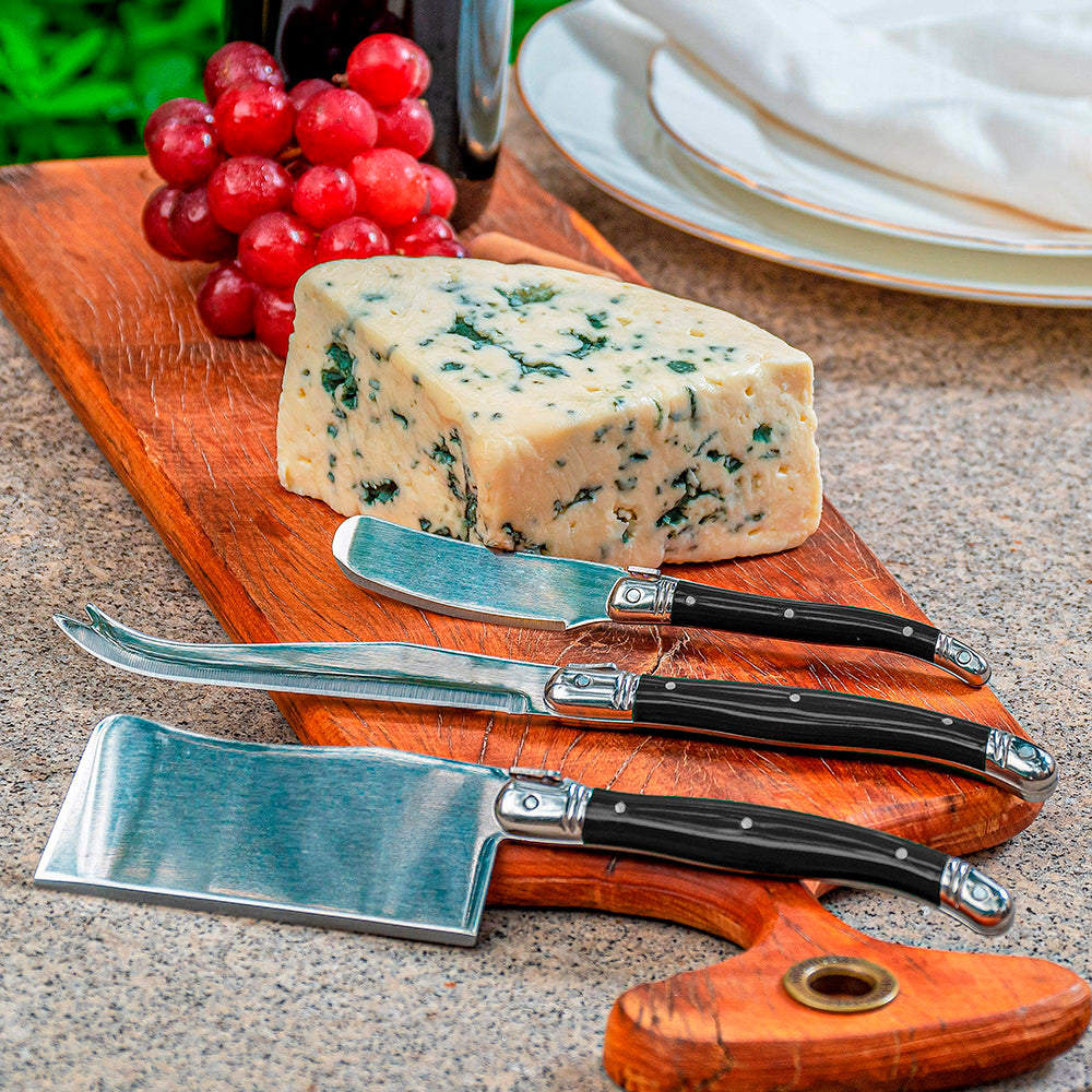 Conjunto De 3 Facas Laguiole Luxo Para Queijo Em Bandeja De Madeira, Preto