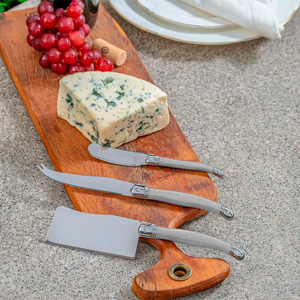 Conjunto De 3 Facas Laguiole Luxo Para Queijo Em Bandeja De Madeira, Cinza