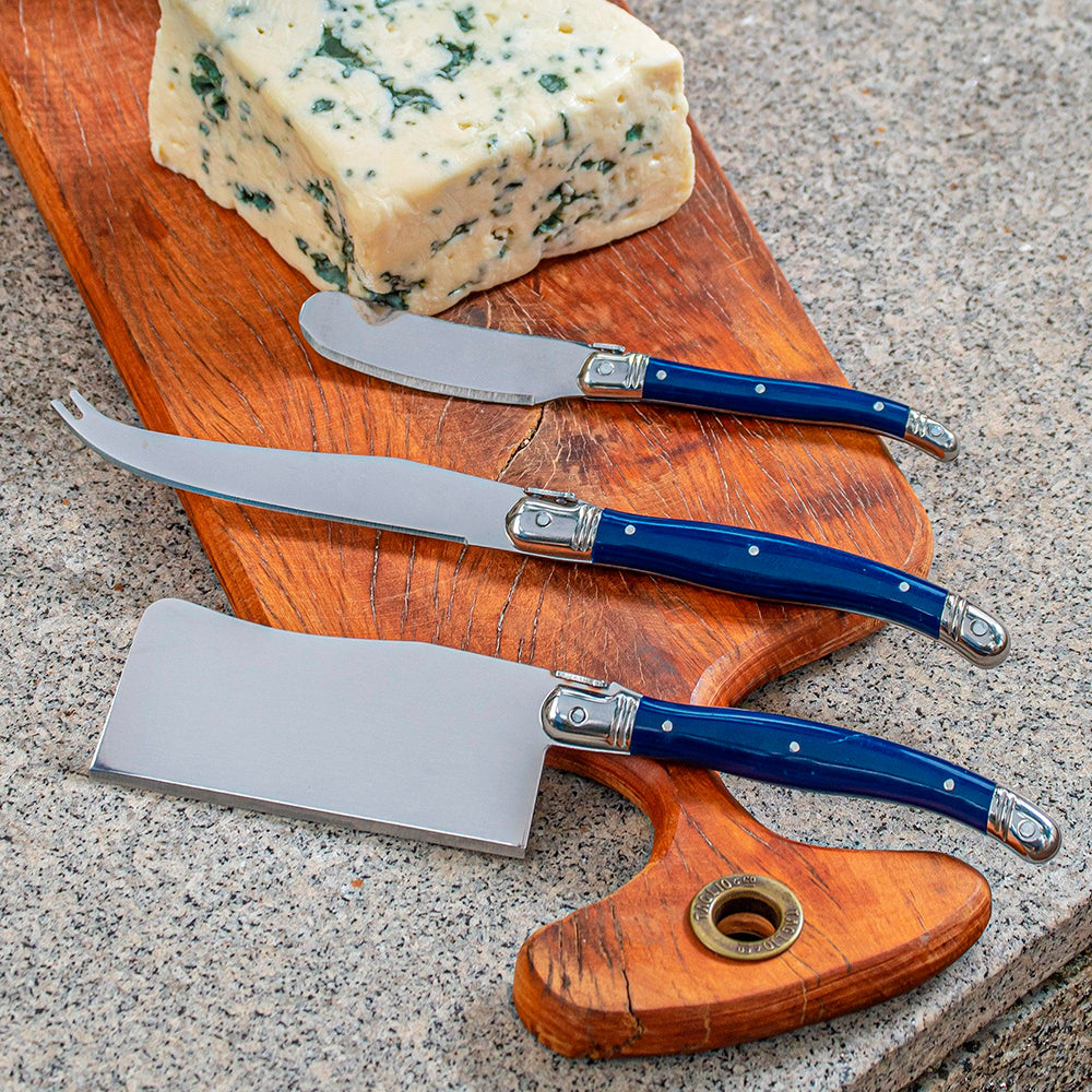 Conjunto De 3 Facas Laguiole Luxo Para Queijo Em Bandeja De Madeira, Azul