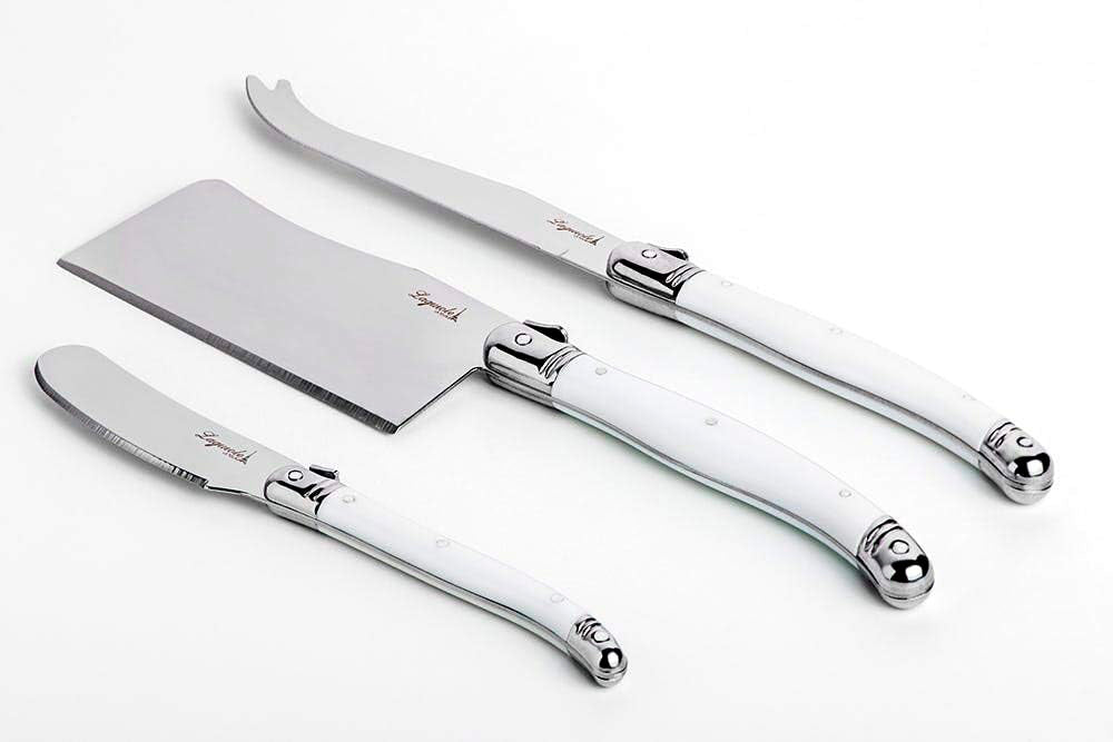 Conjunto De 3 Facas Laguiole Luxo Para Queijo Em Bandeja De Madeira, Branco