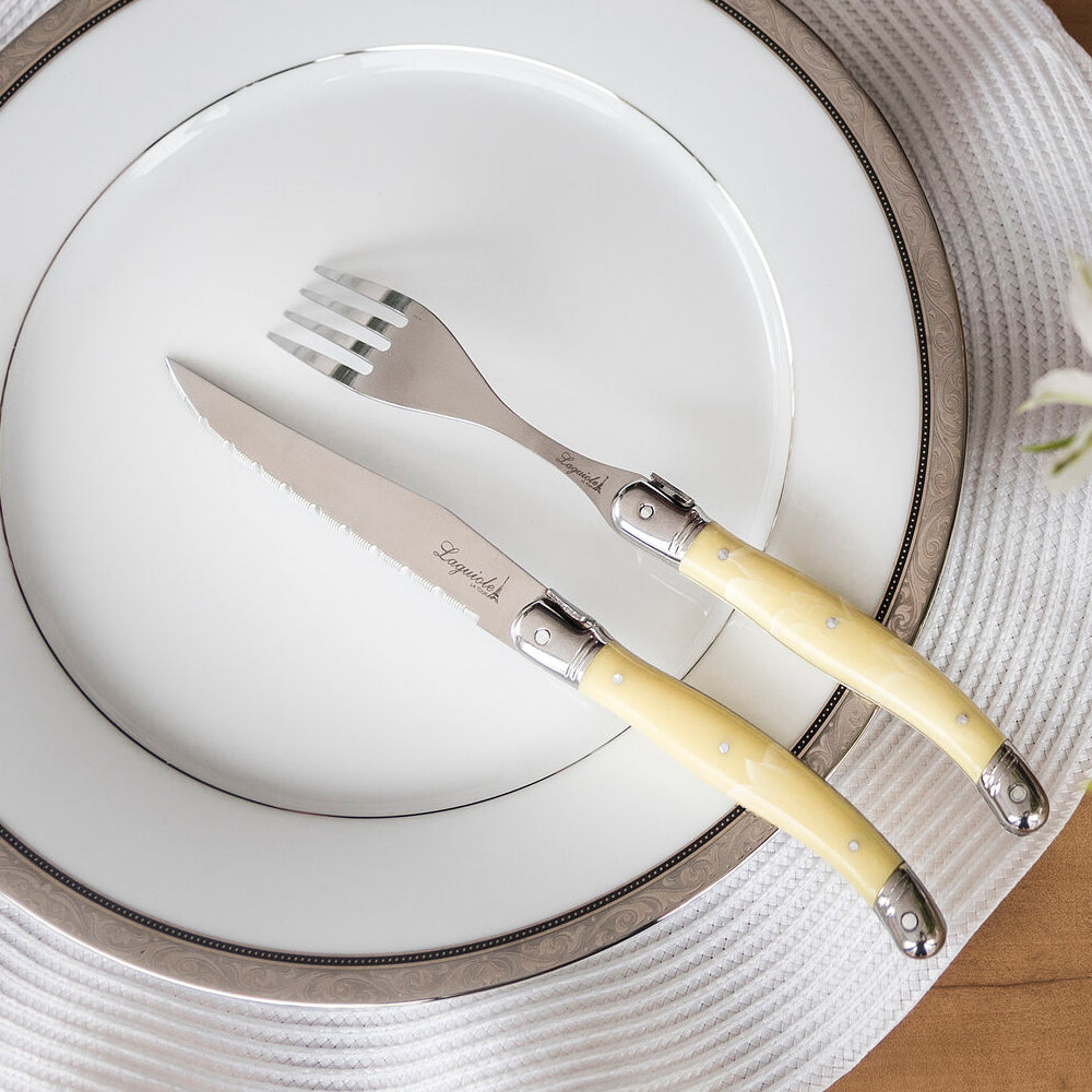 Conjunto De 6 Garfos Laguiole Luxo Em Bandeja De Madeira, Marfim