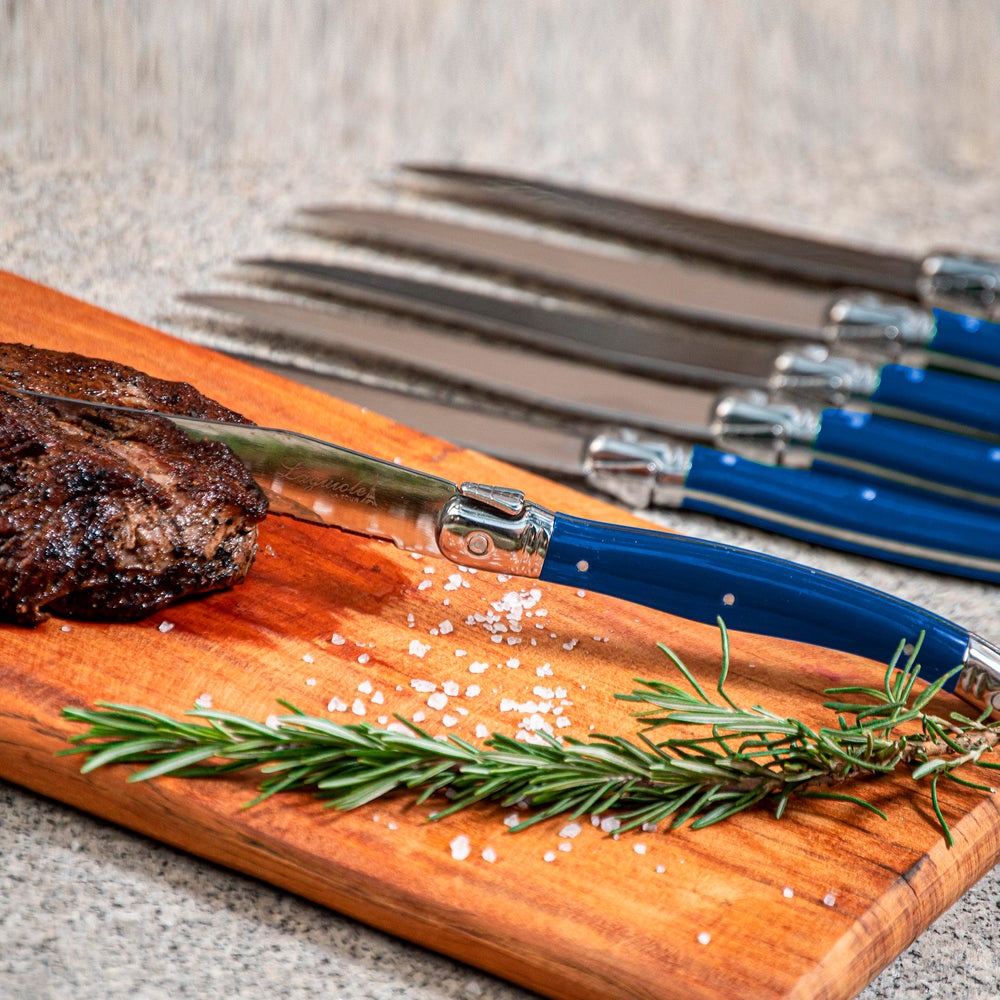 Conjunto De 6 Facas Laguiole Luxo Com Cepo De Madeira, Azul