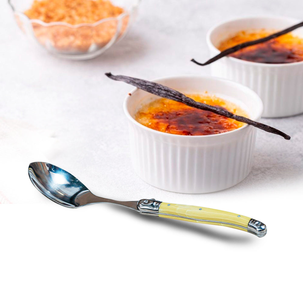 Conjunto De 6 Colheres Sobremesa Laguiole Luxo Em Bandeja De Madeira, Marfim