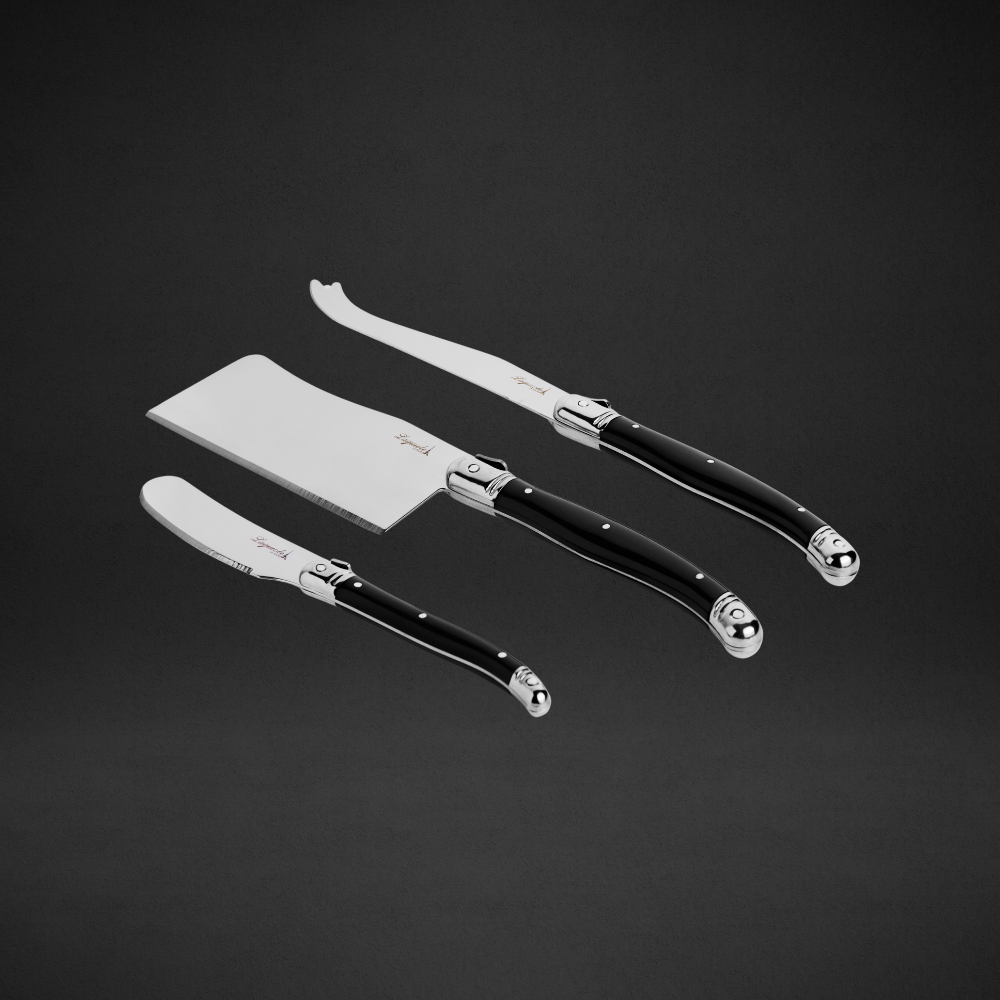 Conjunto De 3 Facas Laguiole Luxo Para Queijo Em Bandeja De Madeira, Preto