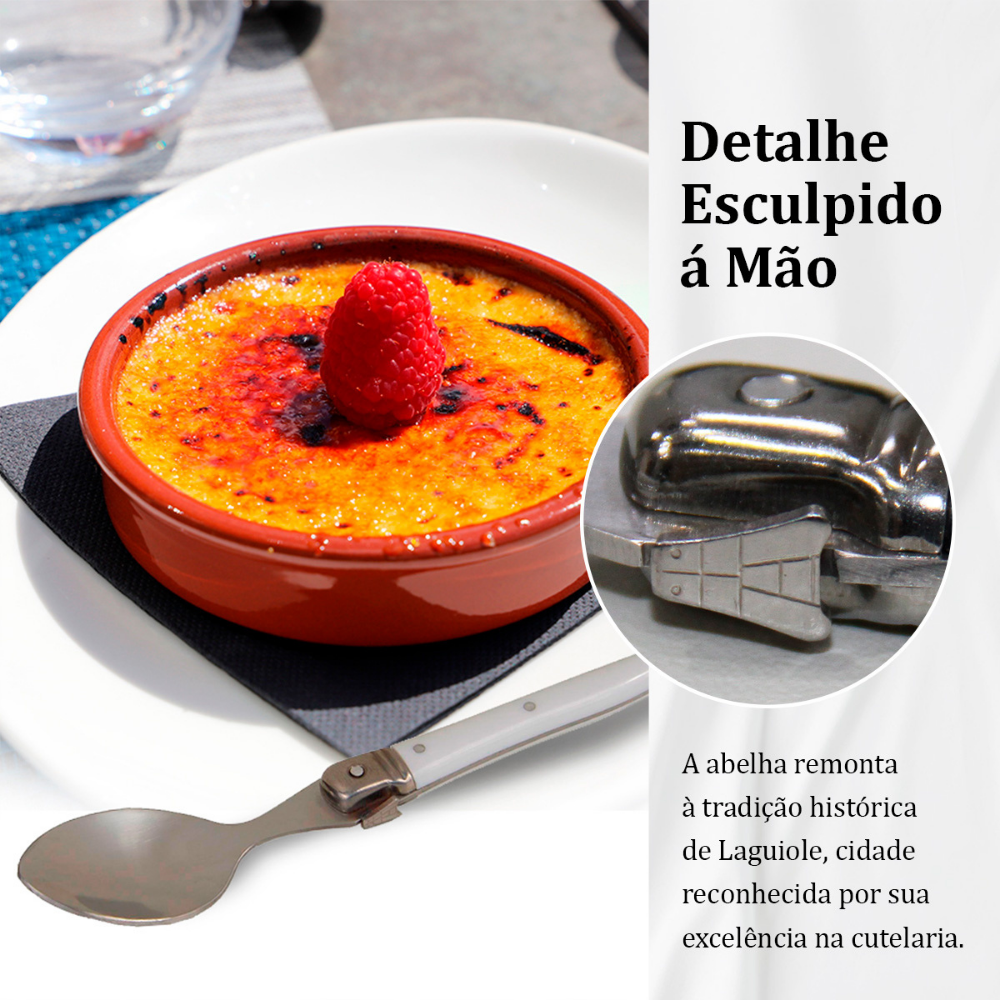 Conjunto De 6 Colheres Sobremesa Laguiole Luxo Em Bandeja De Madeira, Branco