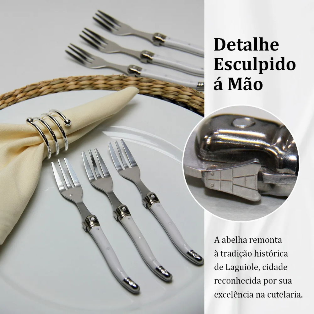 Conjunto De 6 Garfos Sobremesa Laguiole Luxo Em Bandeja De Madeira, Branco