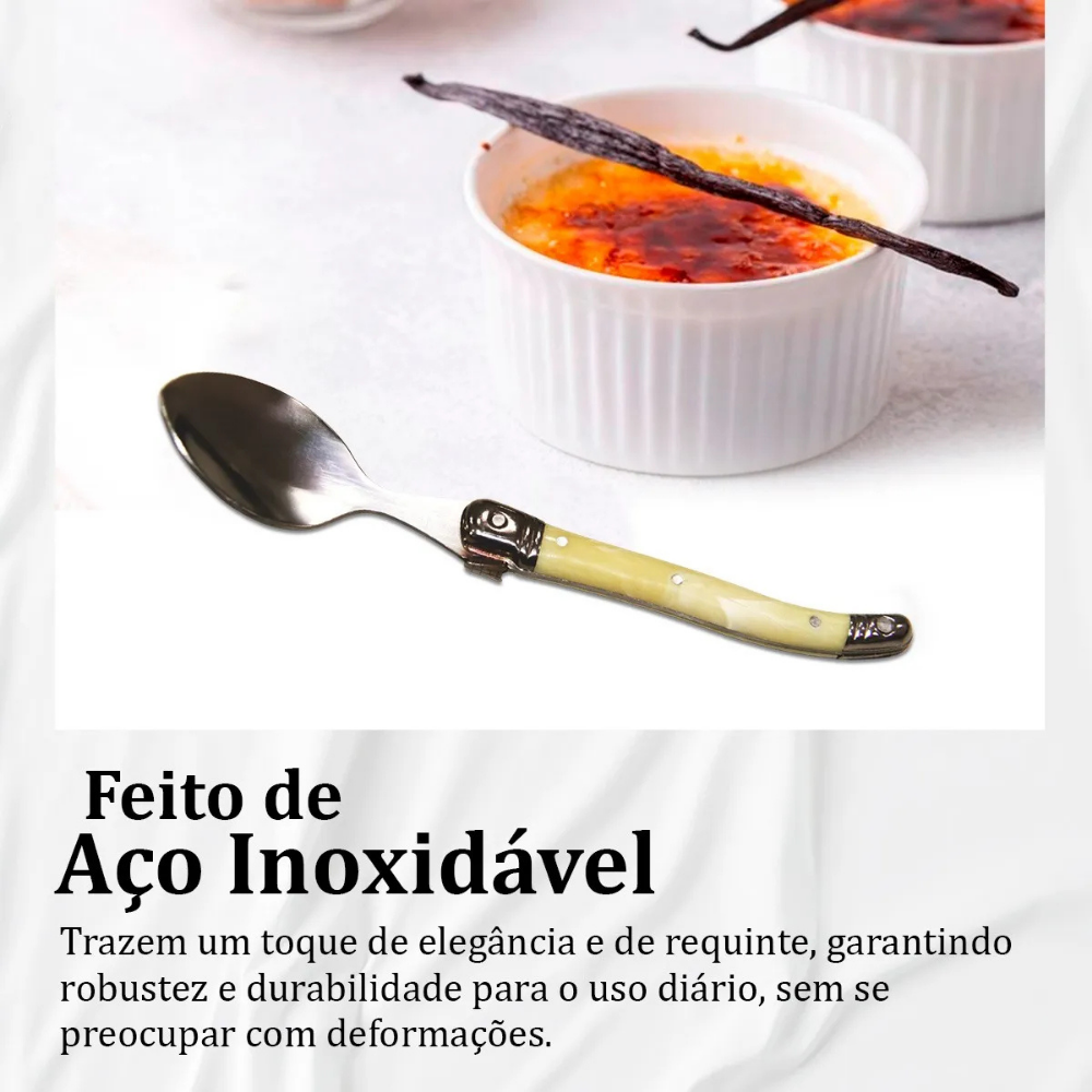 Conjunto De 6 Colheres Sobremesa Laguiole Luxo Em Bandeja De Madeira, Marfim