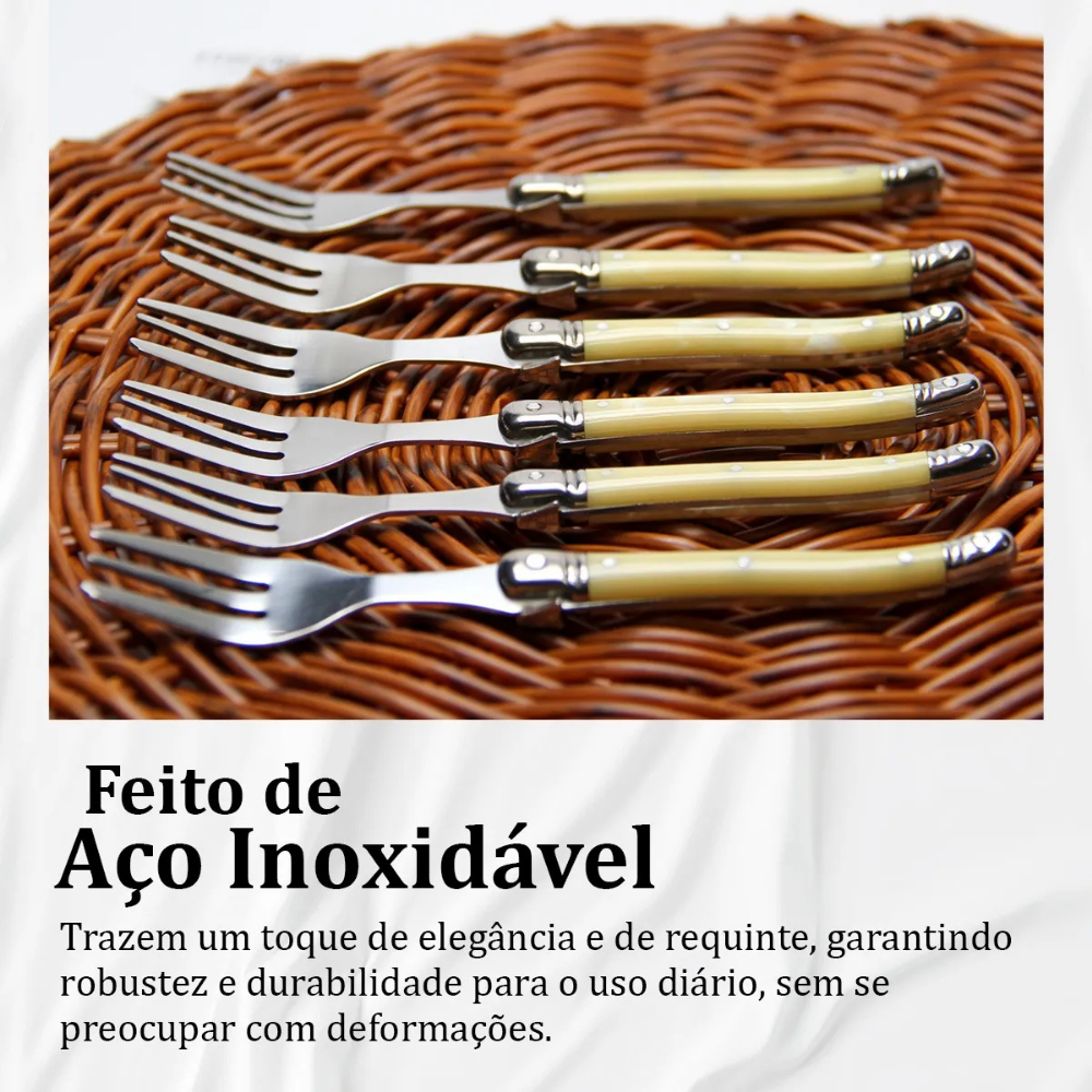 Conjunto De 6 Garfos Sobremesa Laguiole Luxo Em Bandeja De Madeira, Marfim