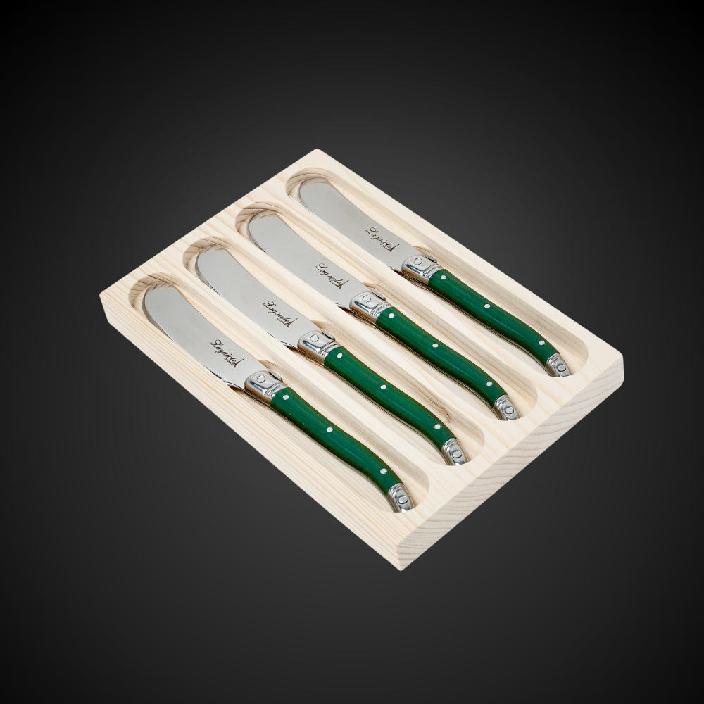 Conjunto De 4 Facas Laguiole Luxo Para Manteiga Em Bandeja De Madeira, Verde