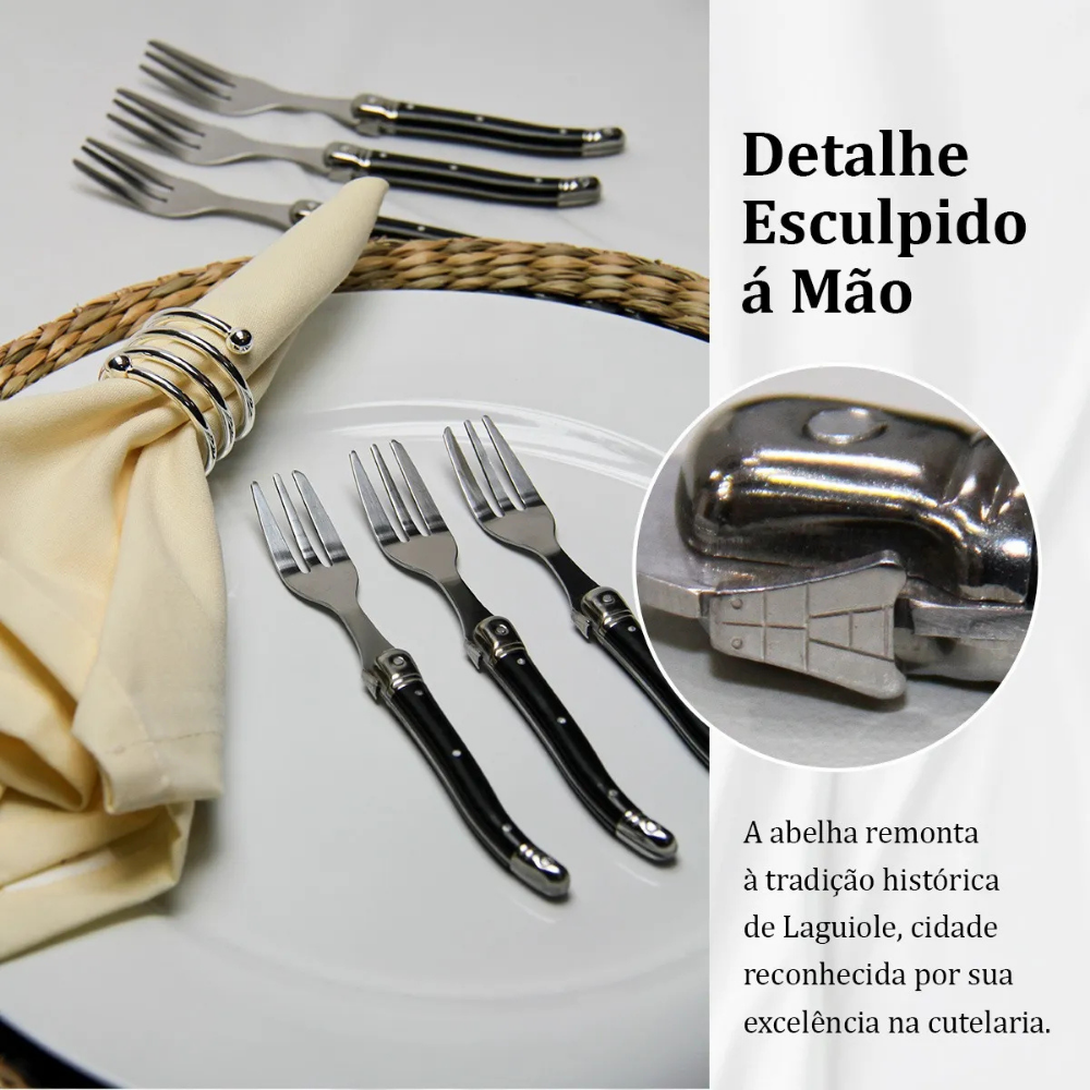 Conjunto De 6 Garfos Sobremesa Laguiole Luxo Em Bandeja De Madeira, Preto
