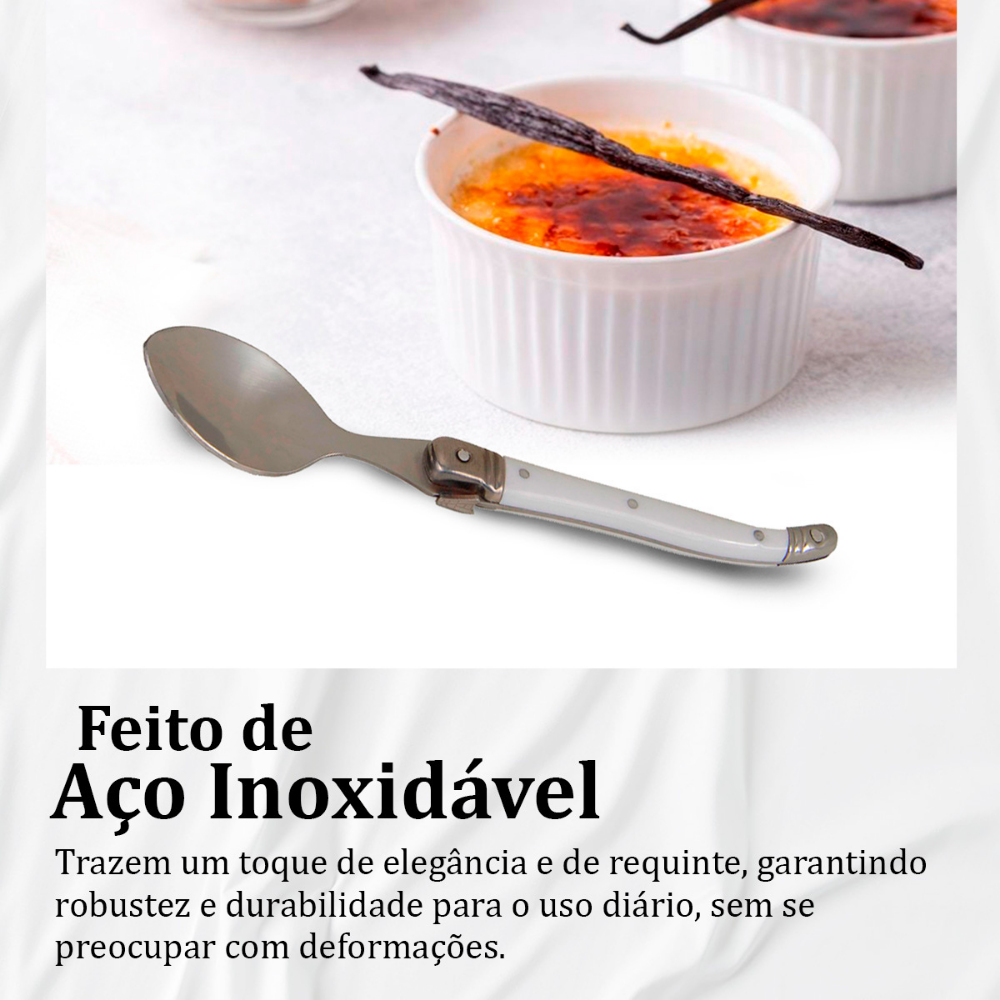 Conjunto De 6 Colheres Sobremesa Laguiole Luxo Em Bandeja De Madeira, Branco