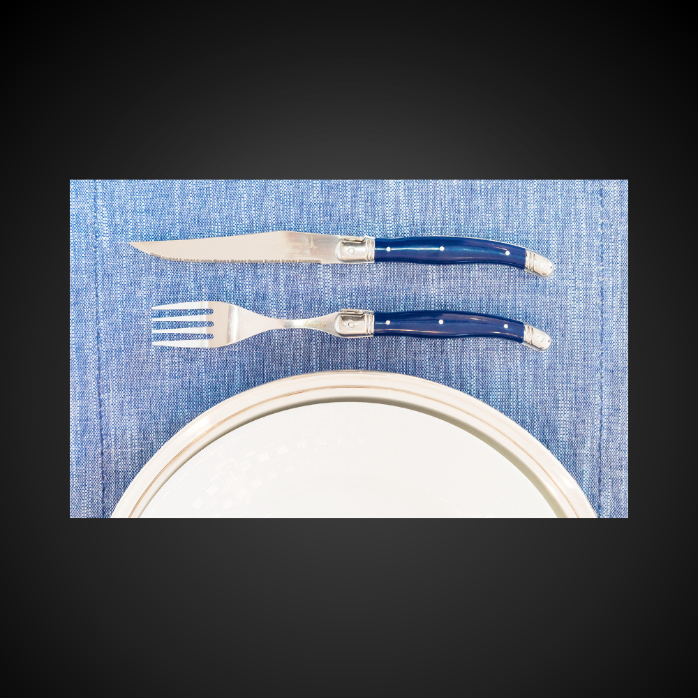 Conjunto De 6 Garfos Laguiole Luxo Em Bandeja De Madeira, Azul