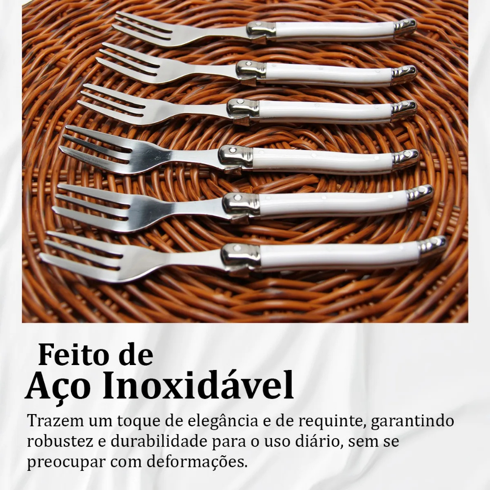 Conjunto De 6 Garfos Sobremesa Laguiole Luxo Em Bandeja De Madeira, Branco