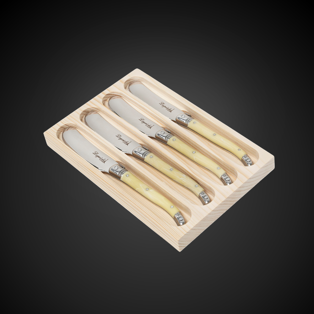 Conjunto De 4 Facas Laguiole Luxo Para Manteiga Em Bandeja De Madeira, Marfim