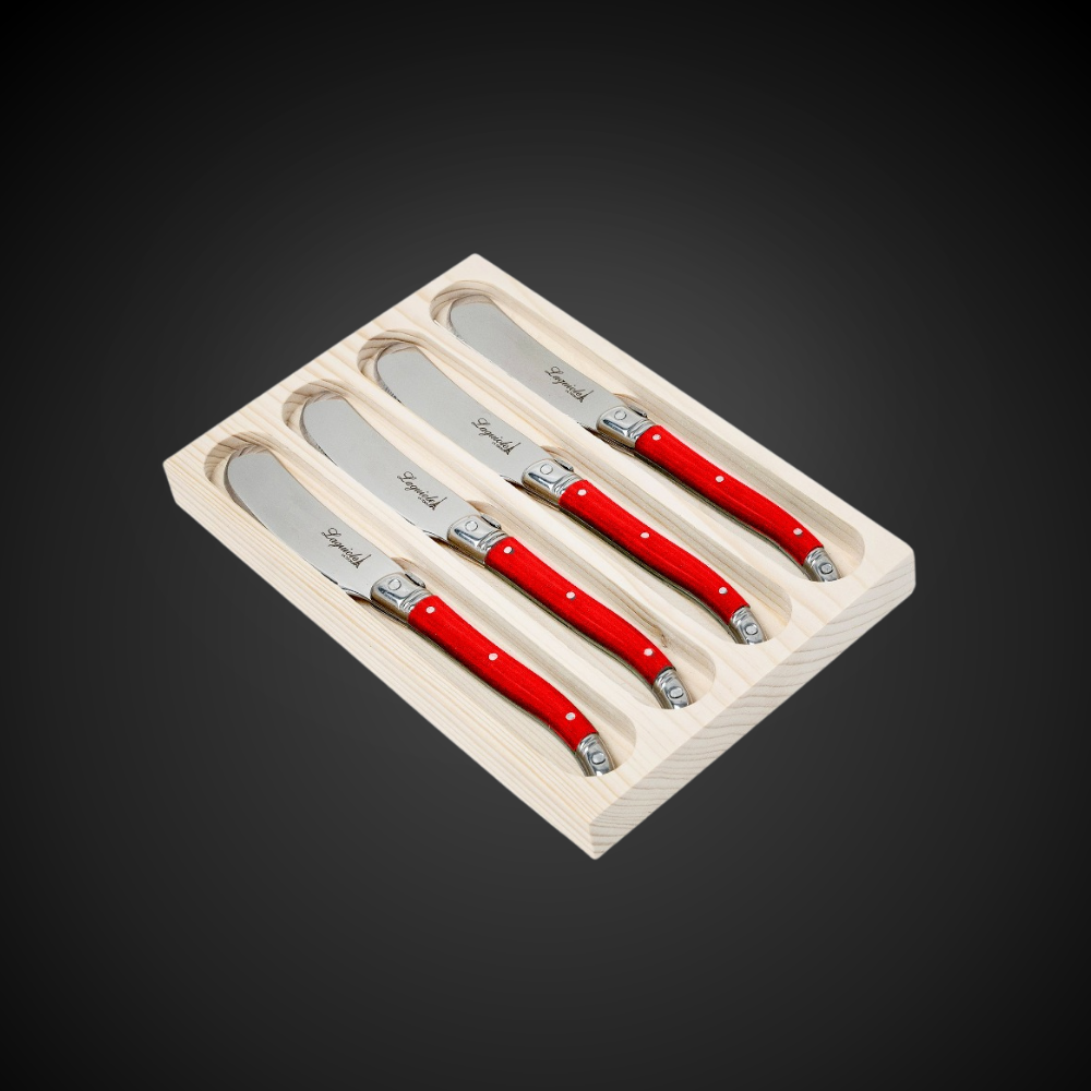 Conjunto De 4 Facas Laguiole Luxo Para Manteiga Em Bandeja De Madeira, Vermelho