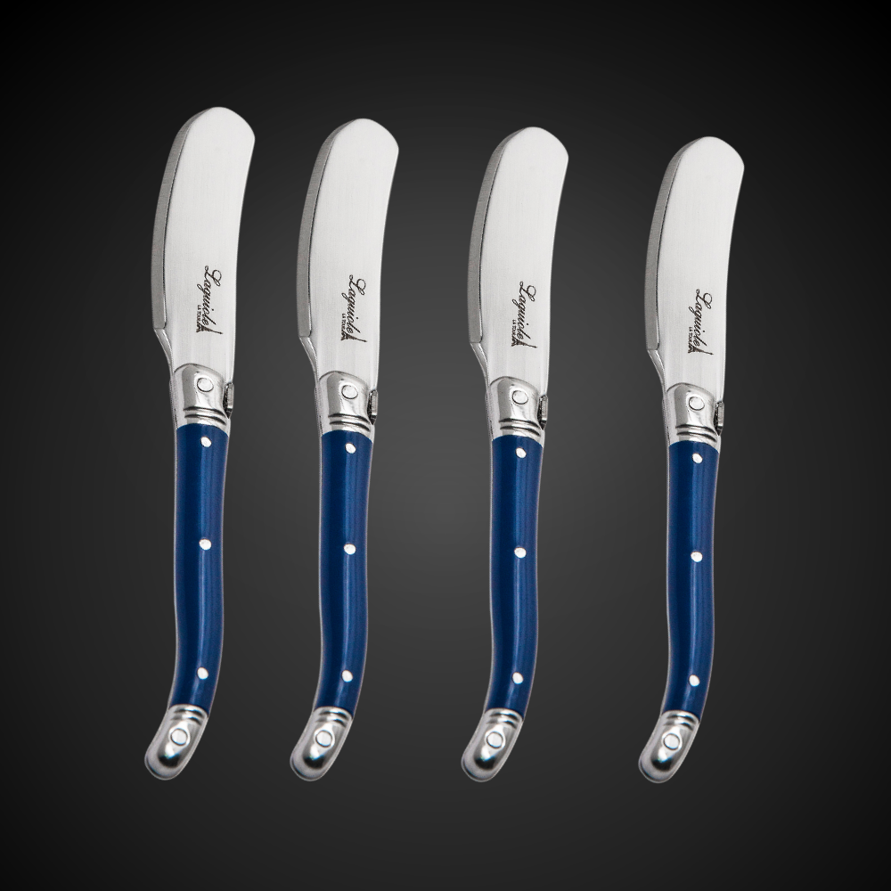 Conjunto De 4 Facas Laguiole Luxo Para Manteiga Em Bandeja De Madeira, Azul