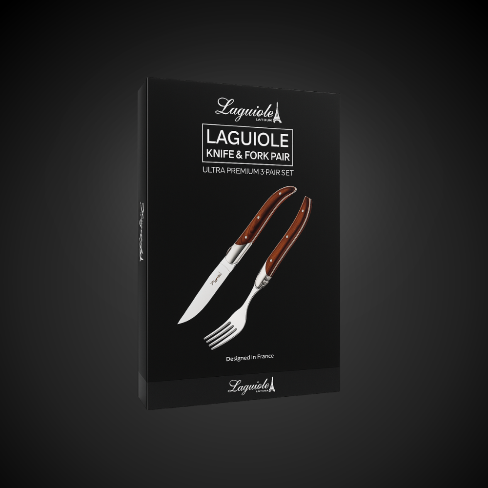 Conjunto Faca & Garfo Laguiole Ultra Premium Com Caixa Para Presente, Madeira