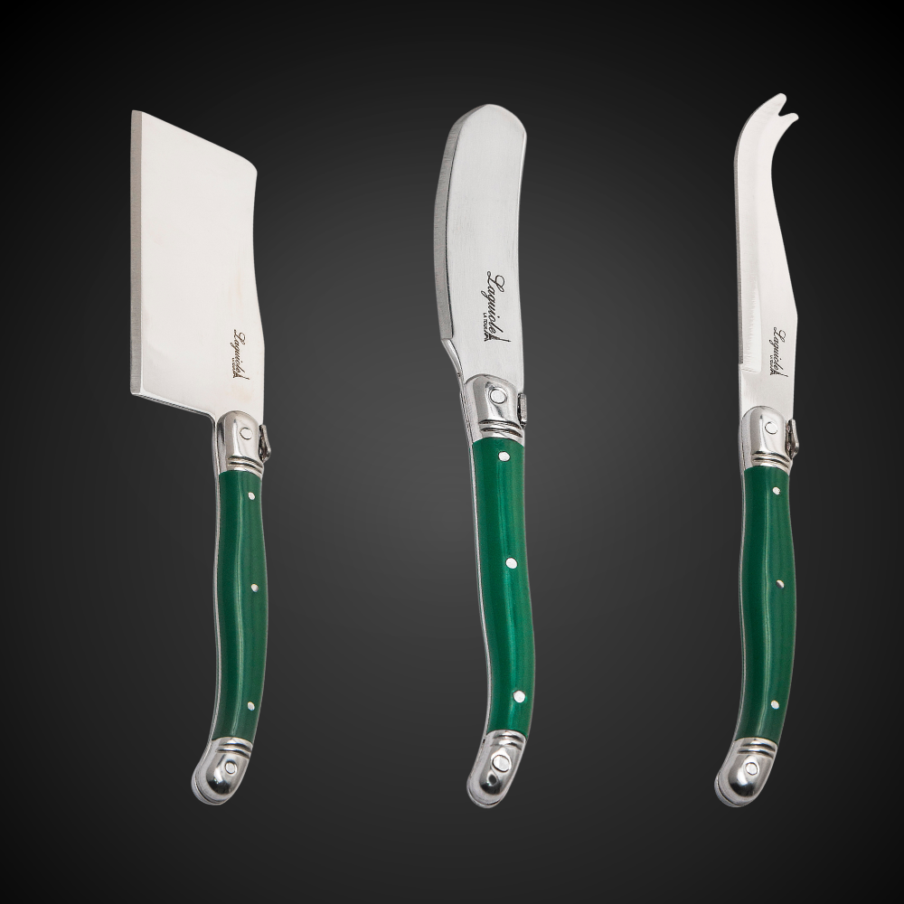 Conjunto De 3 Facas Laguiole Luxo Para Queijo Em Bandeja De Madeira, Verde