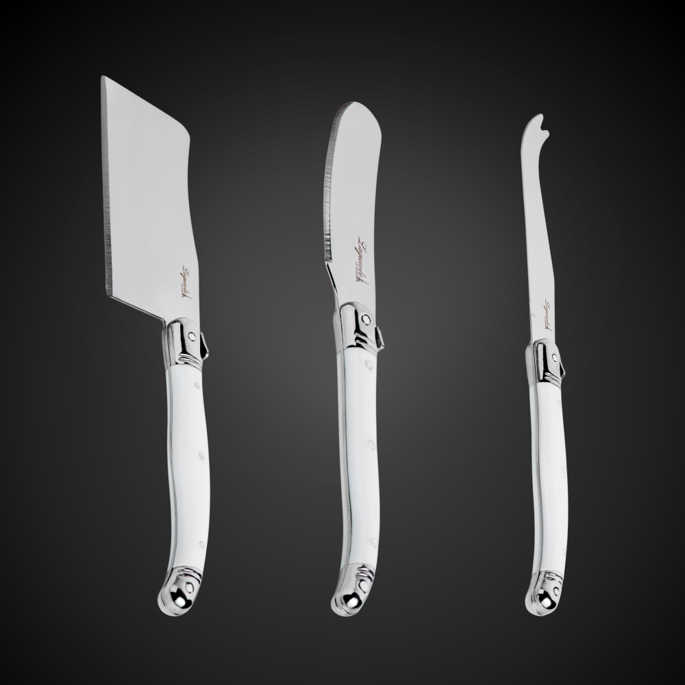 Conjunto De 3 Facas Laguiole Luxo Para Queijo Em Bandeja De Madeira, Branco