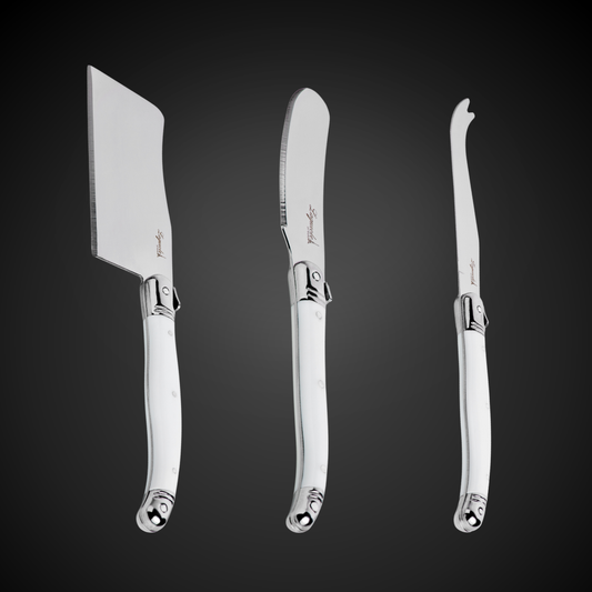 Conjunto De 3 Facas Laguiole Luxo Para Queijo Em Bandeja De Madeira, Branco