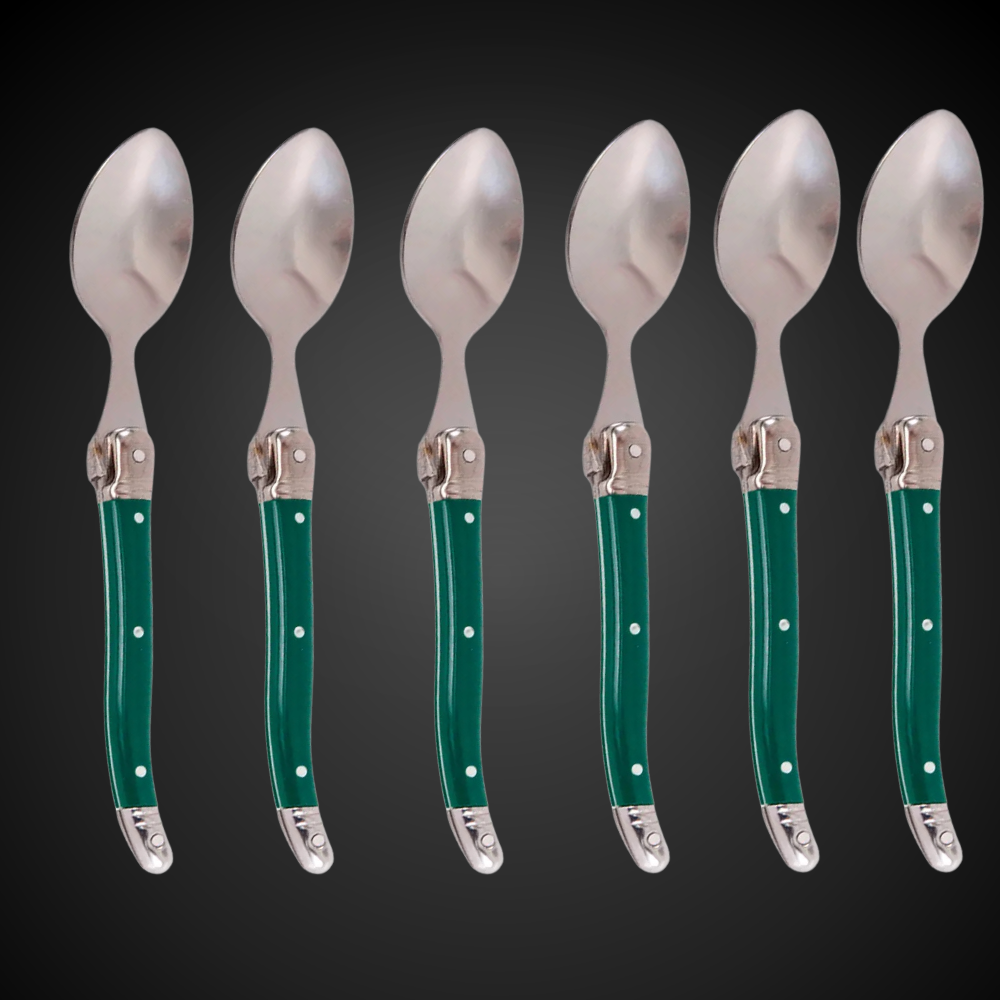 Conjunto De 6 Colheres Sobremesa Laguiole Luxo Em Bandeja De Madeira, Verde