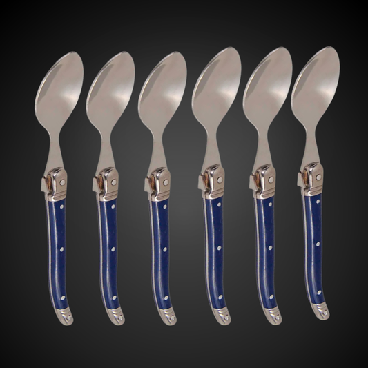 Conjunto De 6 Colheres Sobremesa Laguiole Luxo Em Bandeja De Madeira, Azul Laguiole