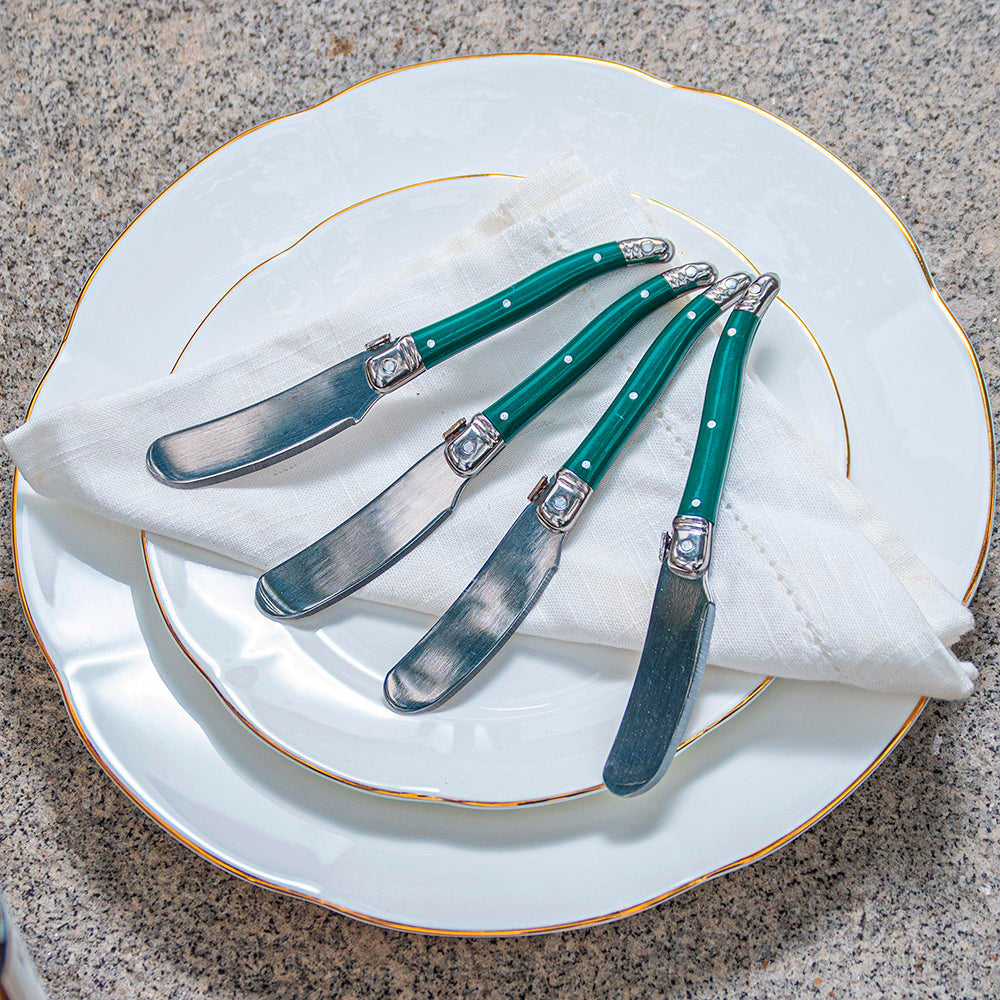 Conjunto De 4 Facas Laguiole Luxo Para Manteiga Em Bandeja De Madeira, Verde