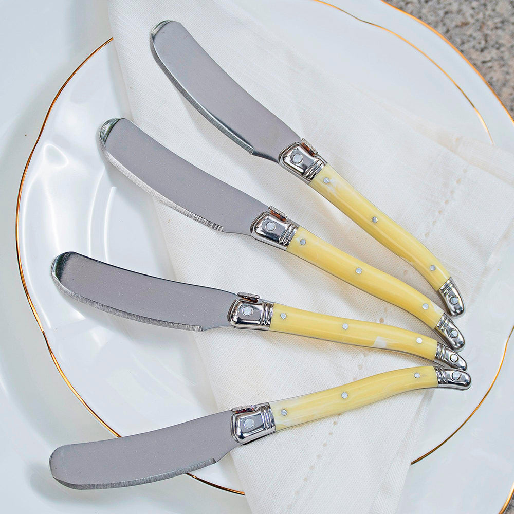 Conjunto De 4 Facas Laguiole Luxo Para Manteiga Em Bandeja De Madeira, Marfim