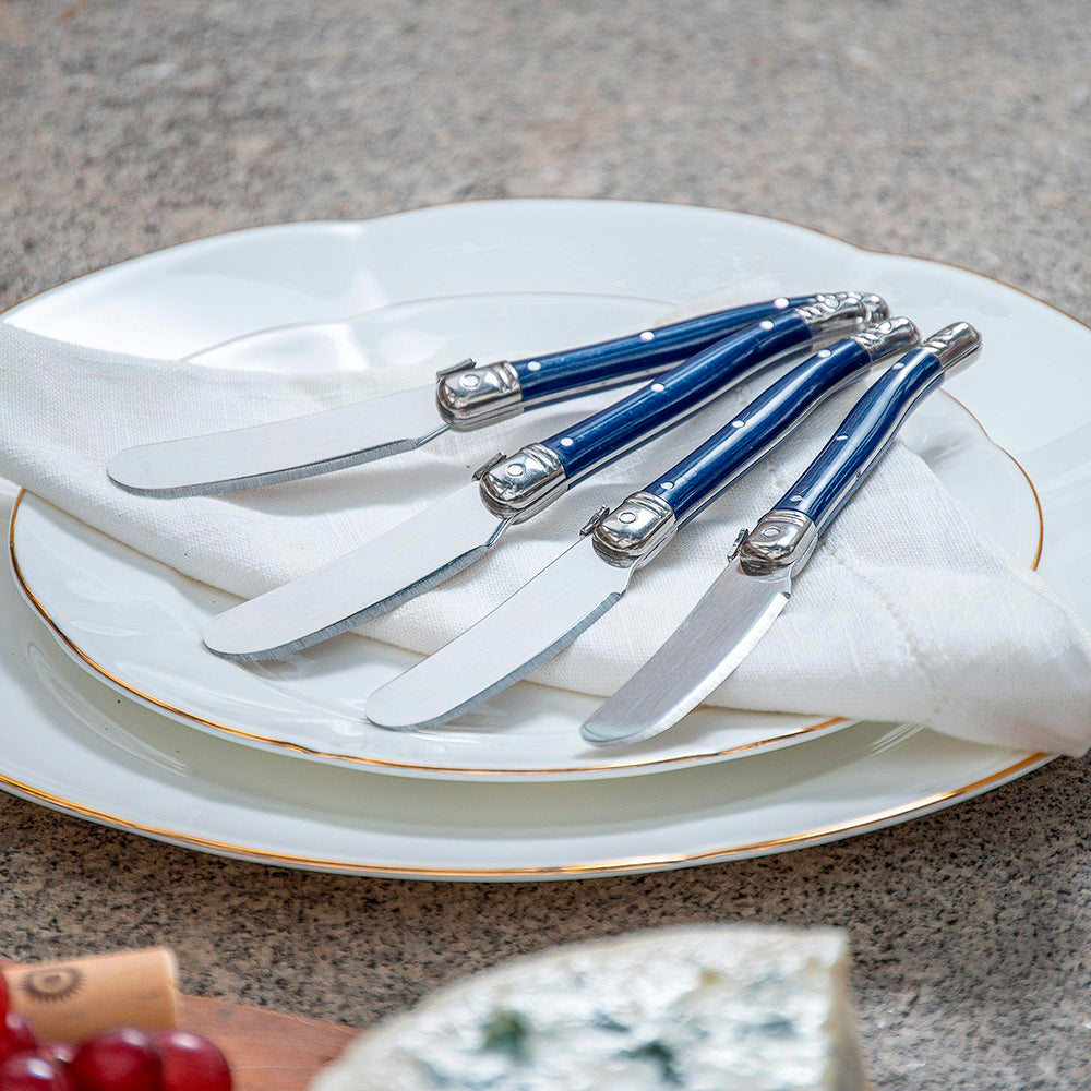 Conjunto De 4 Facas Laguiole Luxo Para Manteiga Em Bandeja De Madeira, Azul