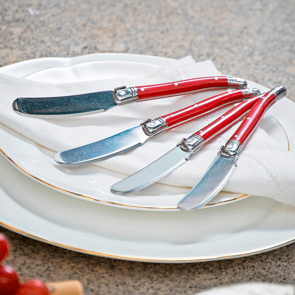 Conjunto De 4 Facas Laguiole Luxo Para Manteiga Em Bandeja De Madeira, Vermelho